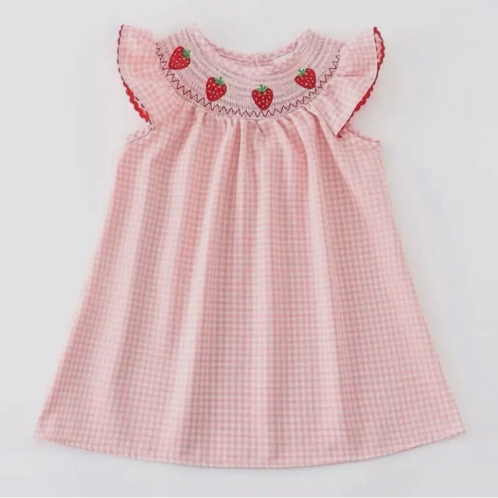 Pink Gingham Strawberry Embroidered Kids Dress